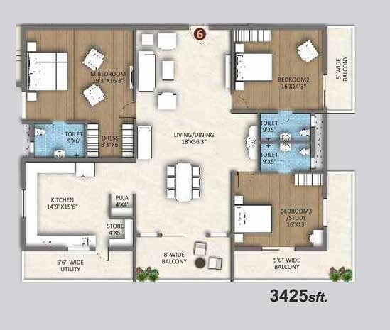 Floor plan of 3 BHK 3425 Sq. Ft. Apartment in Sri North Crest, Hyderabad