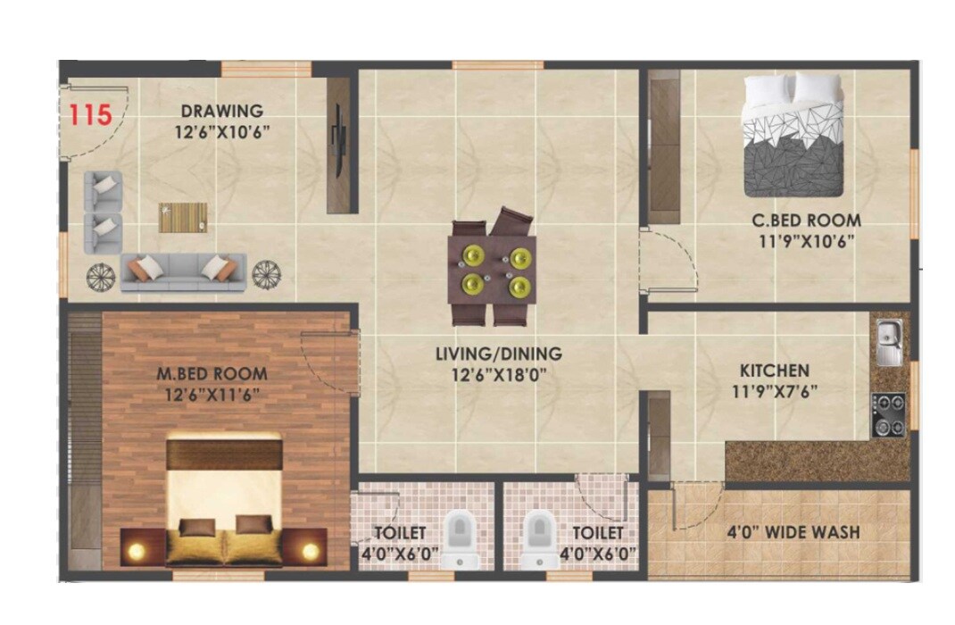 Floor plan of 2 BHK 1094 Sq. Ft. Apartment in Sri Raja Rajeshwara Regalia, Hyderabad