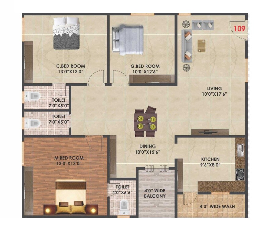 Floor plan of 3 BHK 1639 Sq. Ft. Apartment in Sri Raja Rajeshwara Regalia, Hyderabad