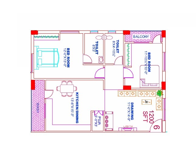 Floor plan of 2 BHK 1200 Sq. Ft. Apartment in Sri Raksha Unnati Vistas, Hyderabad