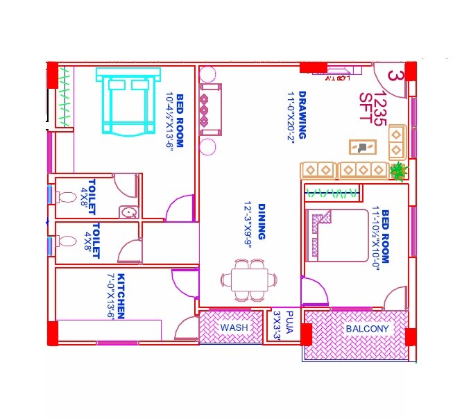 Floor plan of 2 BHK 1235 Sq. Ft. Apartment in Sri Raksha Unnati Vistas, Hyderabad