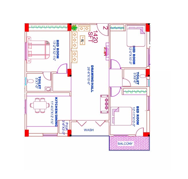 Floor plan of 3 BHK 1420 Sq. Ft. Apartment in Sri Raksha Unnati Vistas, Hyderabad