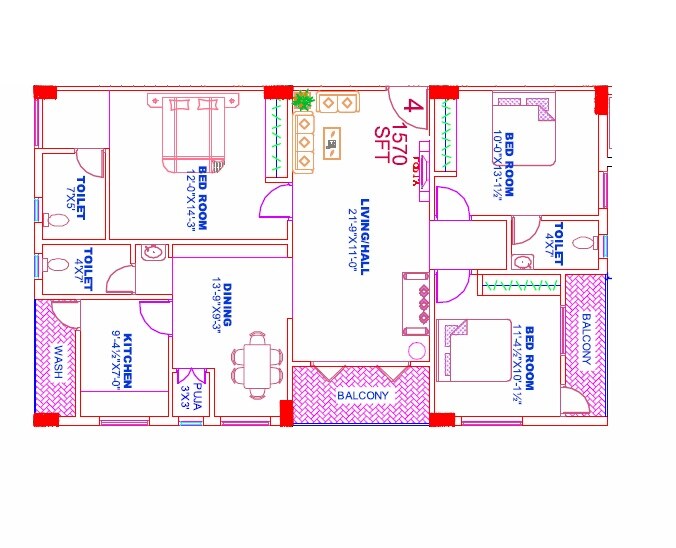 Floor plan of 3 BHK 1570 Sq. Ft. Apartment in Sri Raksha Unnati Vistas, Hyderabad