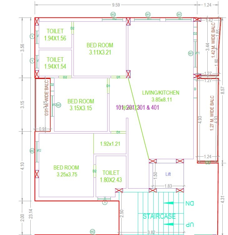 Floor plan of 3 BHK Apartment - 1599 sq. ft. in Sri Ram Apartments, Hyderabad