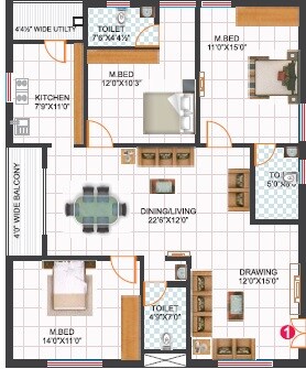 Floor plan of 3 BHK 1610 Sq. Ft. Apartment in Sri Rama Resicdency, Hyderabad