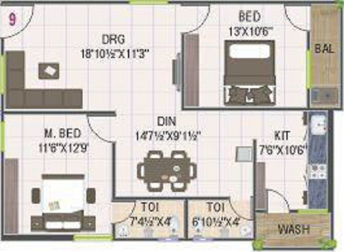Floor plan of 2 BHK 1084 Sq. Ft. Apartment in Sri RK Brundavanam, Hyderabad