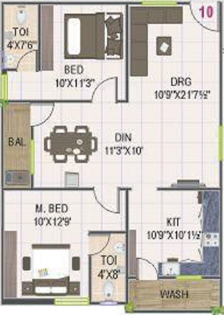 Floor plan of 2 BHK 1206 Sq. Ft. Apartment in Sri RK Brundavanam, Hyderabad