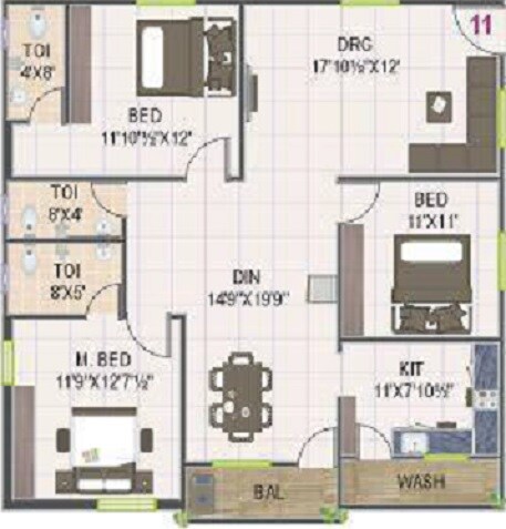 Floor plan of 3 BHK 1620 Sq. Ft. Apartment in Sri RK Brundavanam, Hyderabad