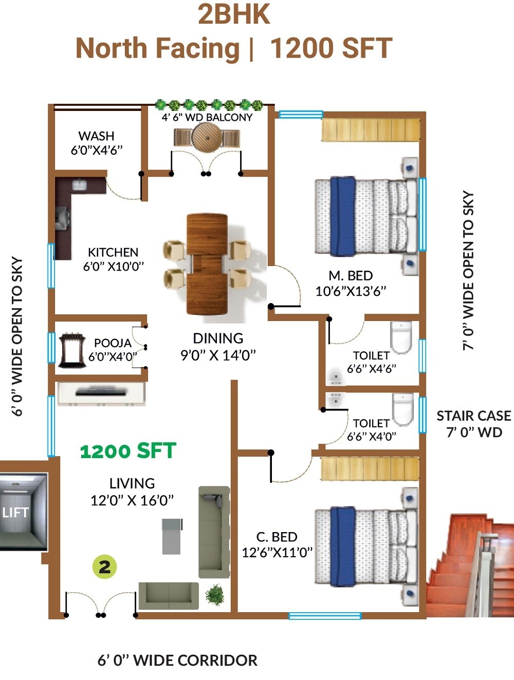 2 BHK 1200 Sq. Ft. Apartment