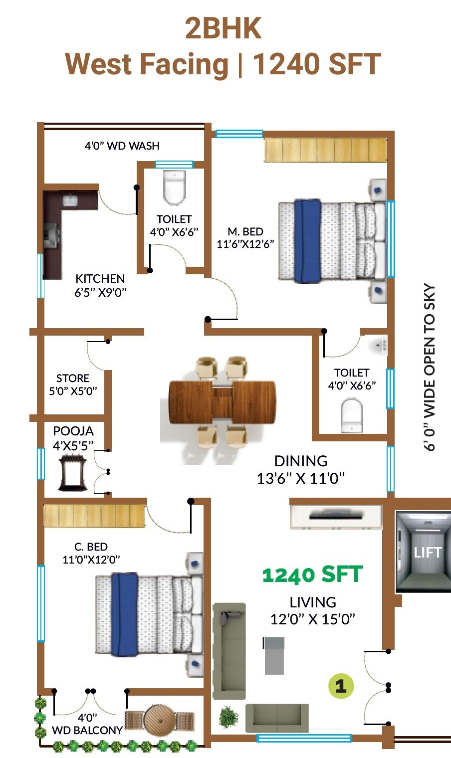Floor plan of 2 BHK 1240 Sq. Ft. Apartment in Sri Sadguru Sukruth Aavaas, Hyderabad