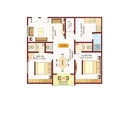 Floor plan of 2 BHK 1220 Sq. Ft. Apartment in Sri Sadguru Swastik Aavaas, Hyderabad