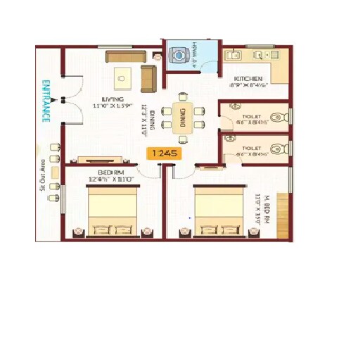 Floor plan of 2 BHK 1245 Sq. Ft. Apartment in Sri Sadguru Swastik Aavaas, Hyderabad