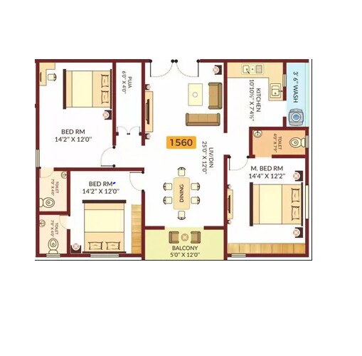 Floor plan of 3 BHK 1560 Sq. Ft. Apartment in Sri Sadguru Swastik Aavaas, Hyderabad