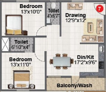 Floor plan of 2 BHK 1053 Sq. Ft. Apartment in Sri Sai Anurag New Town Phase 2, Hyderabad