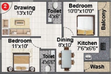 Floor plan of 2 BHK 843 Sq. Ft. Apartment in Sri Sai Anurag New Town Phase 2, Hyderabad