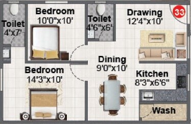 Floor plan of 2 BHK 881 Sq. Ft. Apartment in Sri Sai Anurag New Town Phase 2, Hyderabad