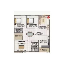 Floor plan of 3 BHK 1319 Sq. Ft. Apartment in Sri Sai Anurag New Town Phase 2, Hyderabad