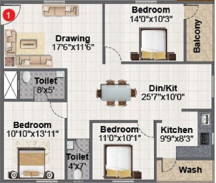 Floor plan of 3 BHK 1523 Sq. Ft. Apartment in Sri Sai Anurag New Town Phase 2, Hyderabad