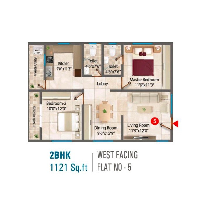 Floor plan of 2 BHK 1121 Sq. Ft. Apartment in Sri Sai Prasan, Hyderabad
