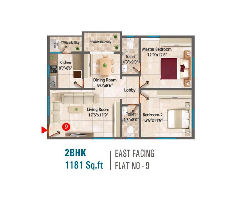 Floor plan of 2 BHK 1181 Sq. Ft. Apartment in Sri Sai Prasan, Hyderabad
