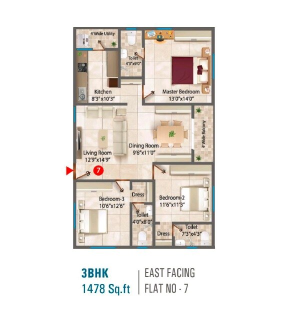 Floor plan of 3 BHK 1478 Sq. Ft. Apartment in Sri Sai Prasan, Hyderabad