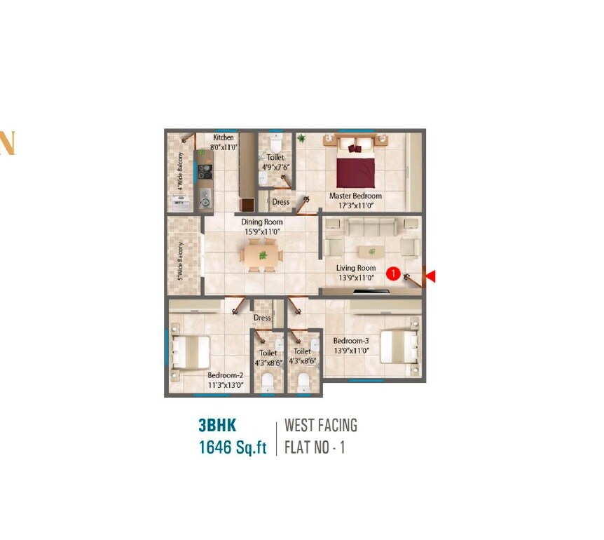 Floor plan of 3 BHK 1646 Sq. Ft. Apartment in Sri Sai Prasan, Hyderabad
