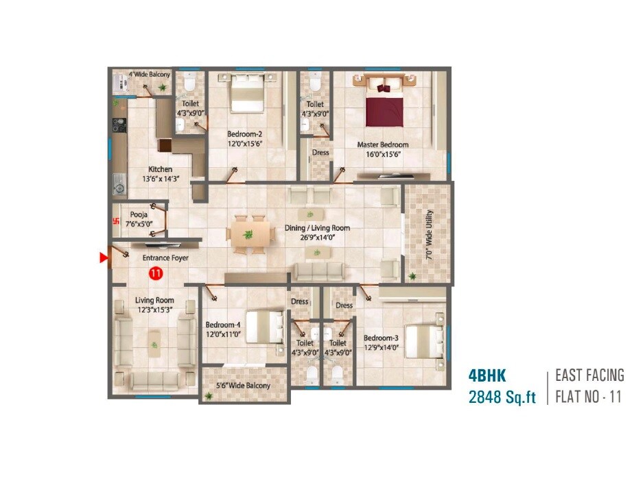 Floor plan of 4 BHK 2848 Sq. Ft. Apartment in Sri Sai Prasan, Hyderabad
