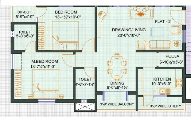 Floor plan of 2 BHK 1100 Sq. Ft. Apartment in Sri Sai Residency Miyapur, Hyderabad