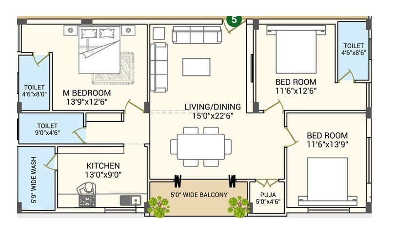 Floor plan of 3 BHK 1940 Sq. Ft. Apartment in Sri Saikrishna Prime, Hyderabad