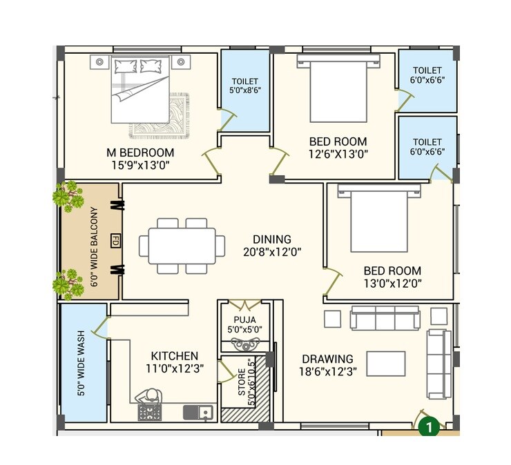 Floor plan of 3 BHK 2185 Sq. Ft. Apartment in Sri Saikrishna Prime, Hyderabad
