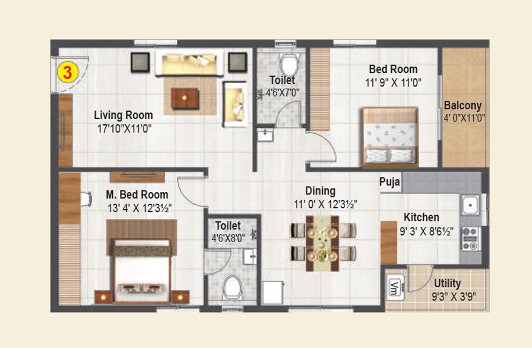 Floor plan of 2 BHK 1320 Sq. Ft. Apartment in Sri Saranya Estancia, Hyderabad