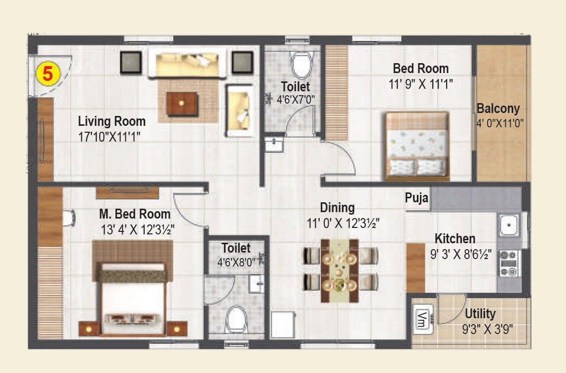 Floor plan of 2 BHK 1325 Sq. Ft. Apartment in Sri Saranya Estancia, Hyderabad