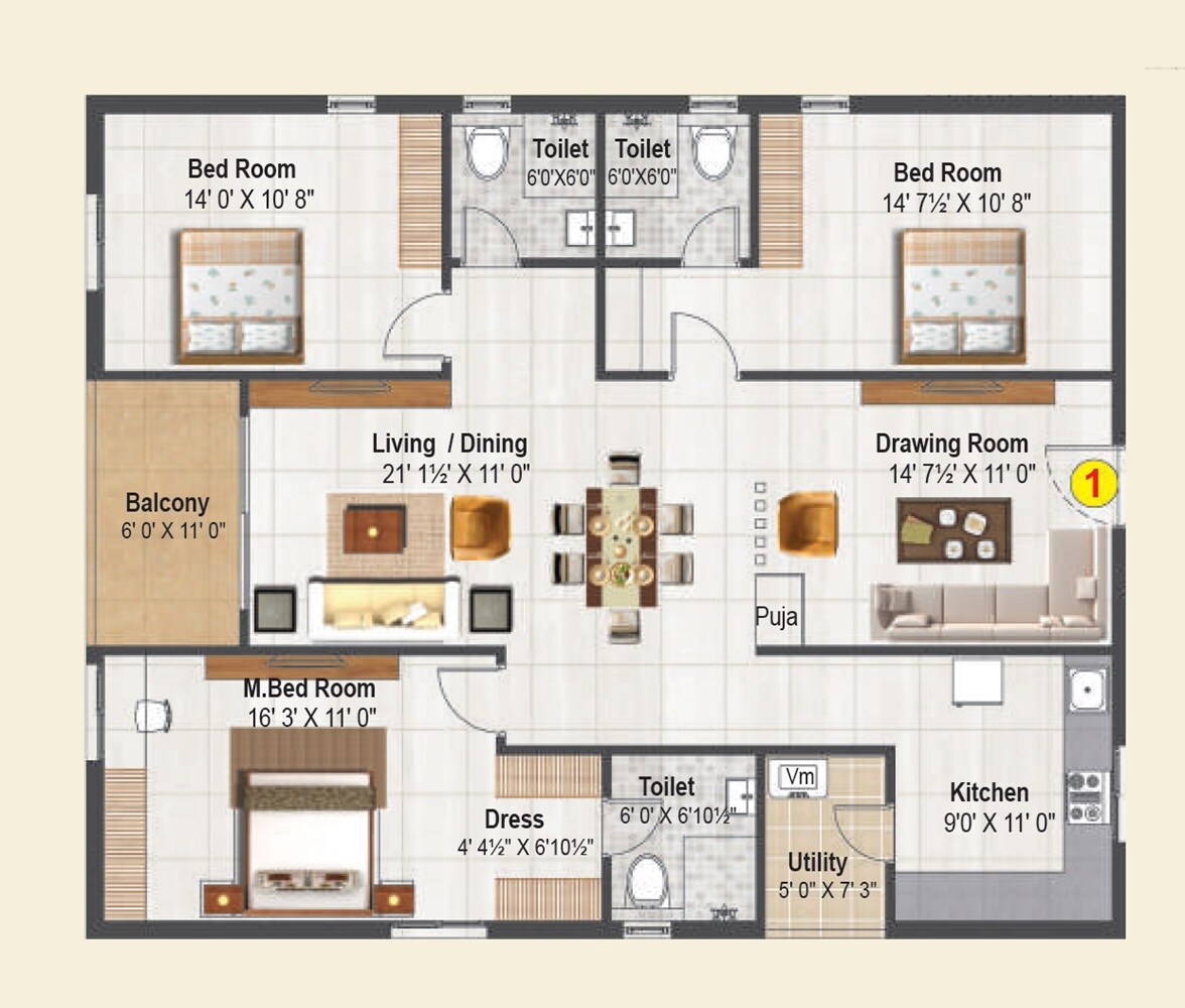 Floor plan of 3 BHK 1965 Sq. Ft. Apartment in Sri Saranya Estancia, Hyderabad