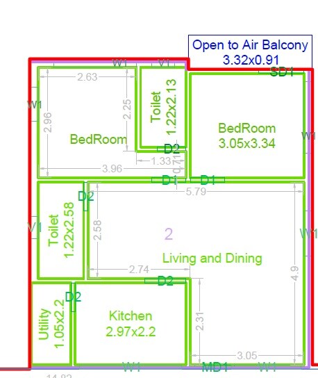 Floor plan of 2 BHK 968 Sq. Ft. Apartment in Sri Shantha Sai Towers, Hyderabad
