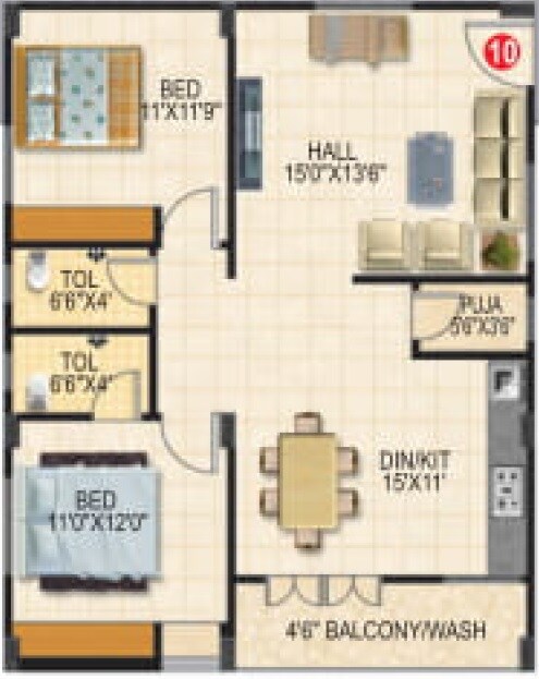 Floor plan of 2 BHK 1150 Sq. Ft. Apartment in Sri SR Fortune City, Hyderabad