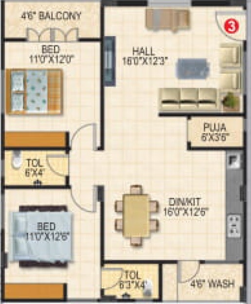Floor plan of 2 BHK 1200 Sq. Ft. Apartment in Sri SR Fortune City, Hyderabad