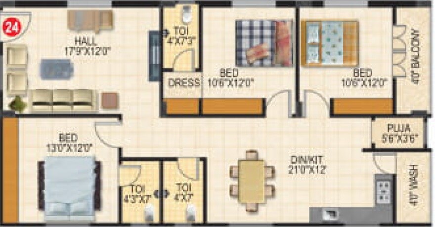 Floor plan of 3 BHK 1500 Sq. Ft. Apartment in Sri SR Fortune City, Hyderabad