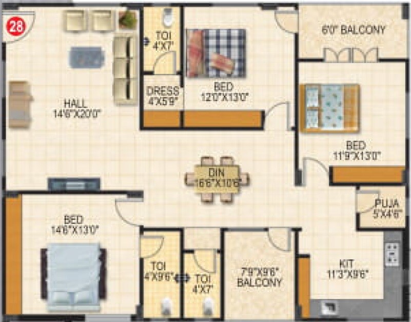 Floor plan of 3 BHK 1750 Sq. Ft. Apartment in Sri SR Fortune City, Hyderabad