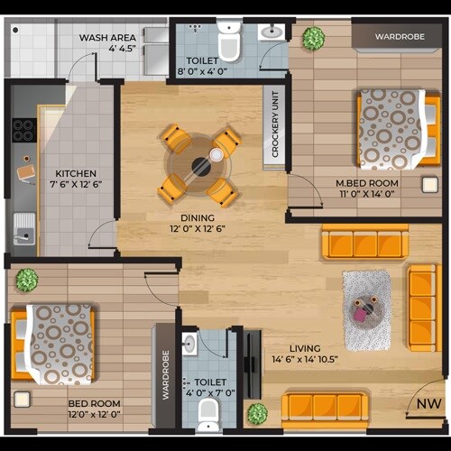 Floor plan of 2 BHK 1199 Sq. Ft. Apartment in Sri Sri Nivasam, Hyderabad