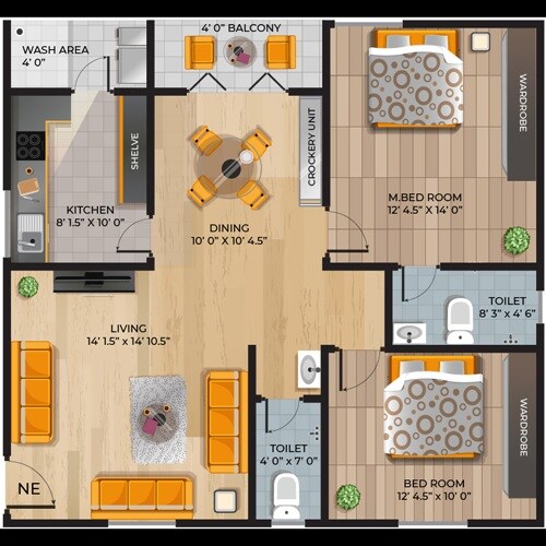 Floor plan of 2 BHK 1259 Sq. Ft. Apartment in Sri Sri Nivasam, Hyderabad