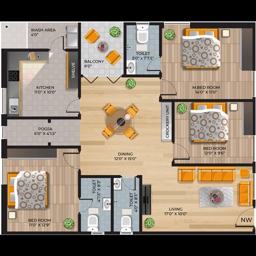 Floor plan of 3 BHK 1567 Sq. Ft. Apartment in Sri Sri Nivasam, Hyderabad