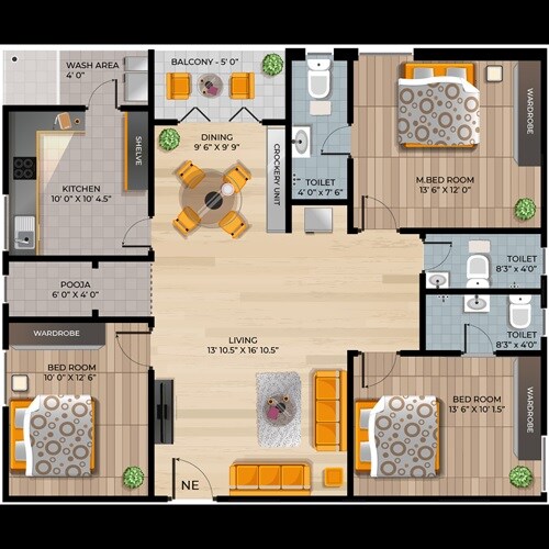 Floor plan of 3 BHK 1703 Sq. Ft. Apartment in Sri Sri Nivasam, Hyderabad