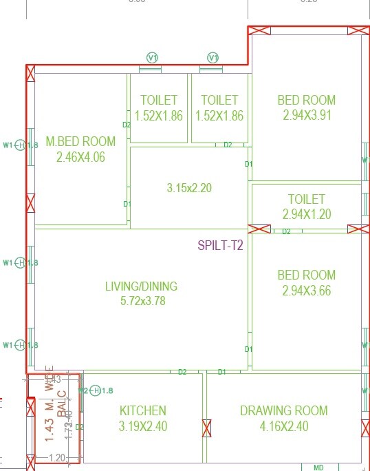 Floor plan of 3 BHK Apartment - 1271 sq. ft. in Sri SSVD Heights, Hyderabad