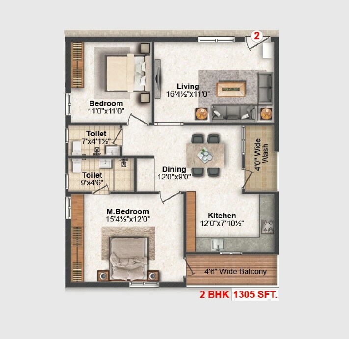 Floor plan of 2 BHK 1305 Sq. Ft. Apartment in Sri Susthitha Sumukha, Hyderabad