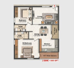 2 BHK 1305 Sq. Ft. Apartment in Sri Susthitha Sumukha