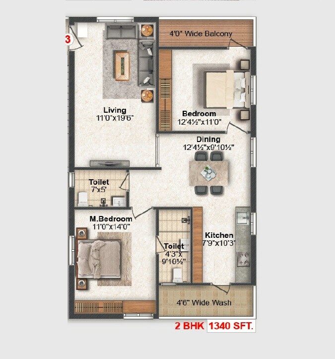 Floor plan of 2 BHK 1340 Sq. Ft. Apartment in Sri Susthitha Sumukha, Hyderabad