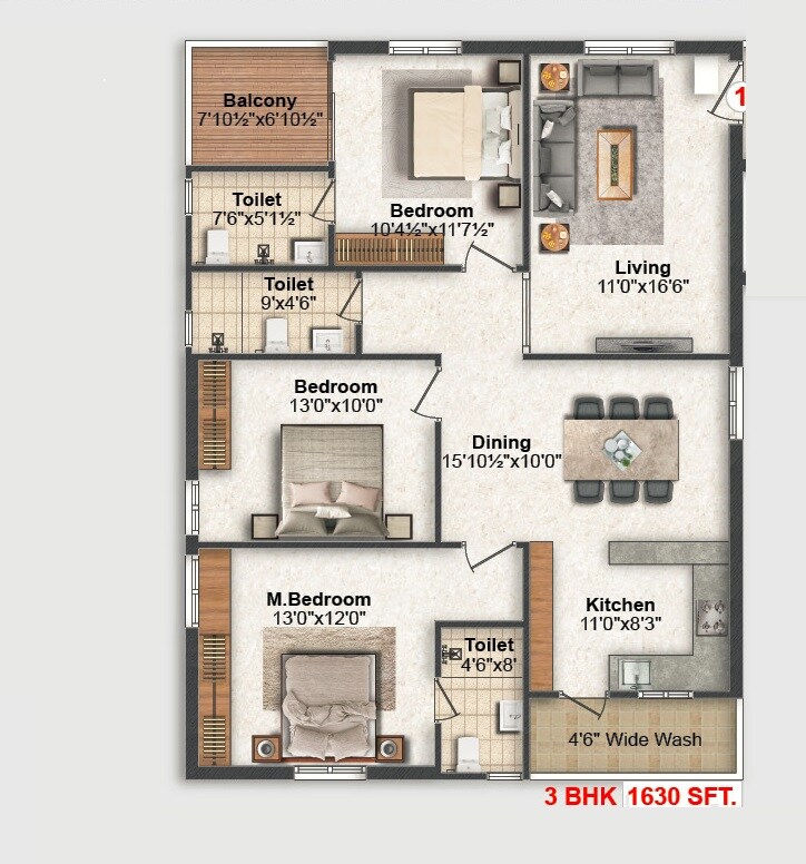 Floor plan of 3 BHK 1630 Sq. Ft. Apartment in Sri Susthitha Sumukha, Hyderabad