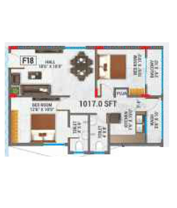 Floor plan of 2 BHK 1017 Sq. Ft. Apartment in Sri Tirumala Millenium, Hyderabad