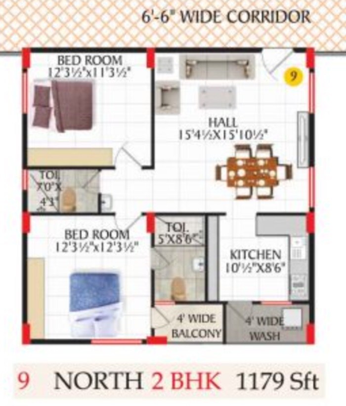 Floor plan of 2 BHK 1179 Sq. Ft. Apartment in Sri Tirumala Millenium, Hyderabad
