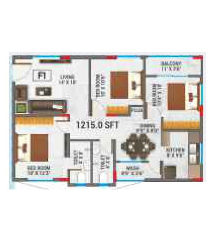 Floor plan of 3 BHK 1215 Sq. Ft. Apartment in Sri Tirumala Millenium, Hyderabad